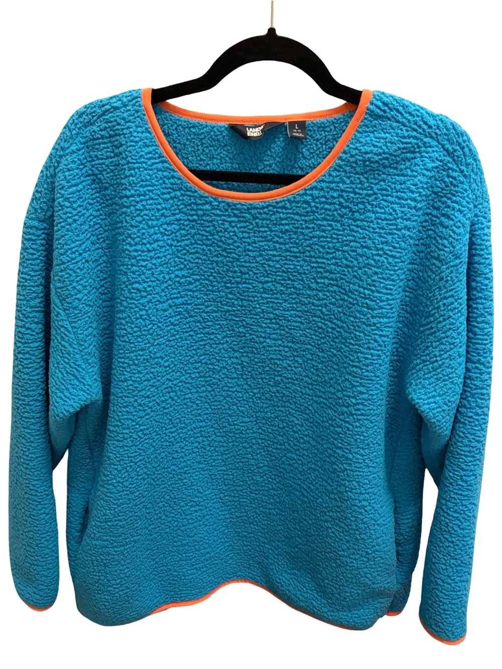 Lands' End Textured Fleece Pullover Sweater Blue Turquoise Coral Trim Sz L 14-16